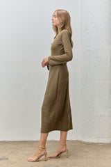 Olive Lace Jacquard Long Sleeve Midi Dress