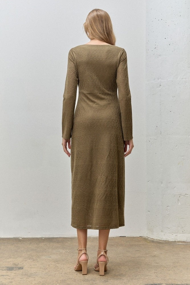 Olive Lace Jacquard Long Sleeve Midi Dress