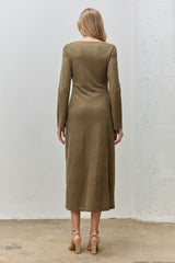 Olive Lace Jacquard Long Sleeve Midi Dress