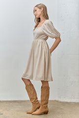 Beige Lace Jacquard Puff Sleeve Dress