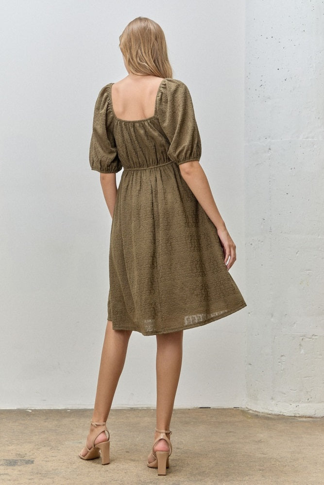 Olive Lace Jacquard Puff Sleeve Dress