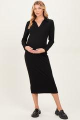 Black Ribbed Collared Long Sleeve Maternity Midi Dress