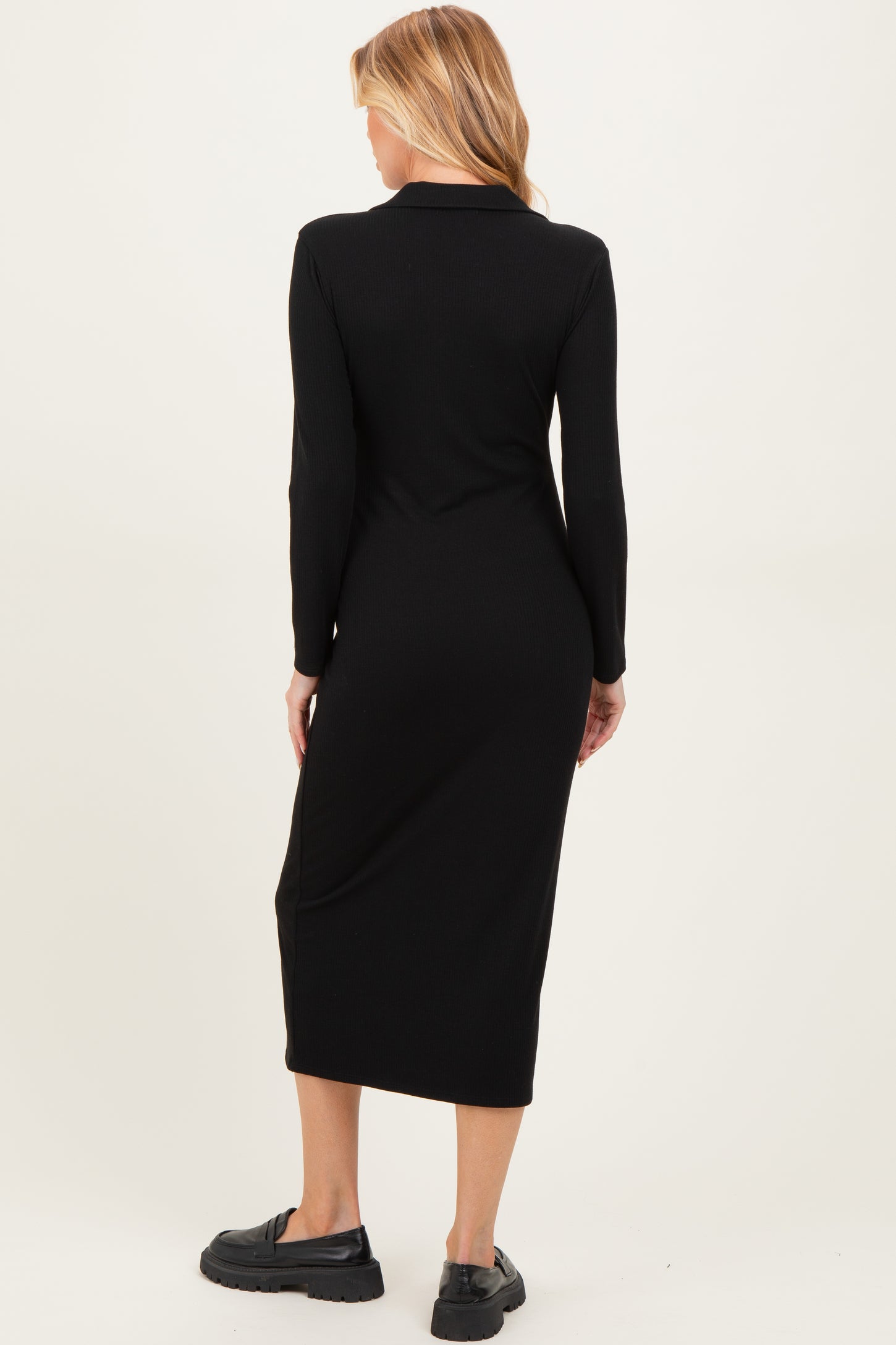 Black Ribbed Collared Long Sleeve Maternity Midi Dress
