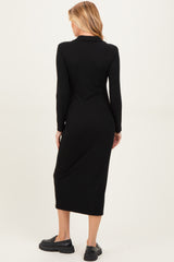 Black Ribbed Collared Long Sleeve Maternity Midi Dress