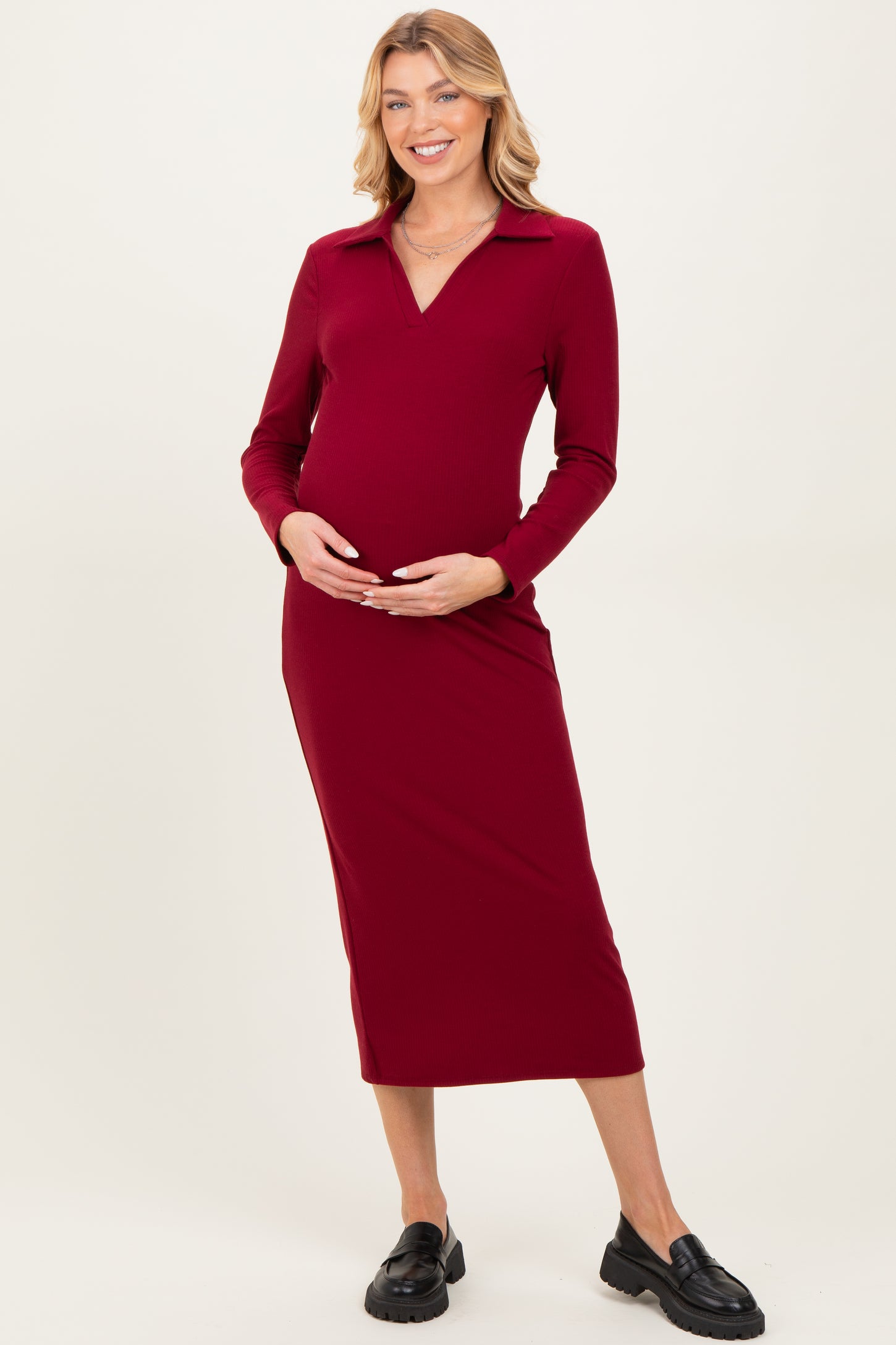 Red Ribbed Collared Long Sleeve Maternity Midi Dress