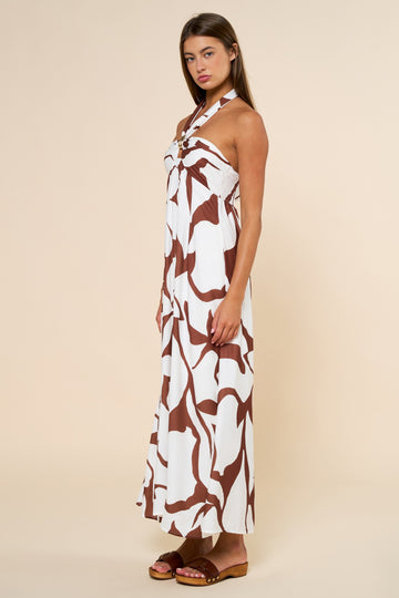 Brown Printed Halter Maxi Dress