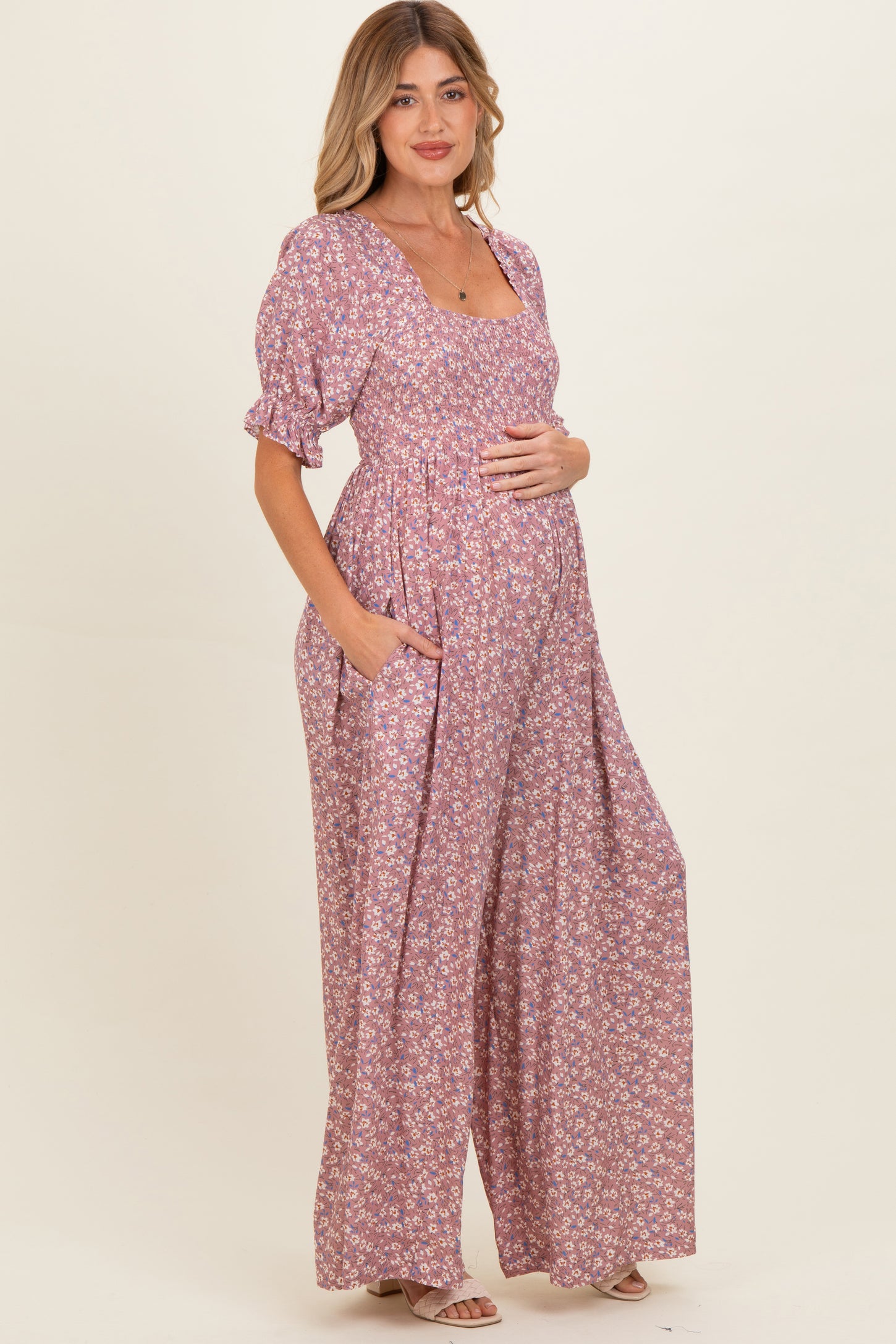 Dusty Pink Floral Wide Leg Maternity Jumpsuit