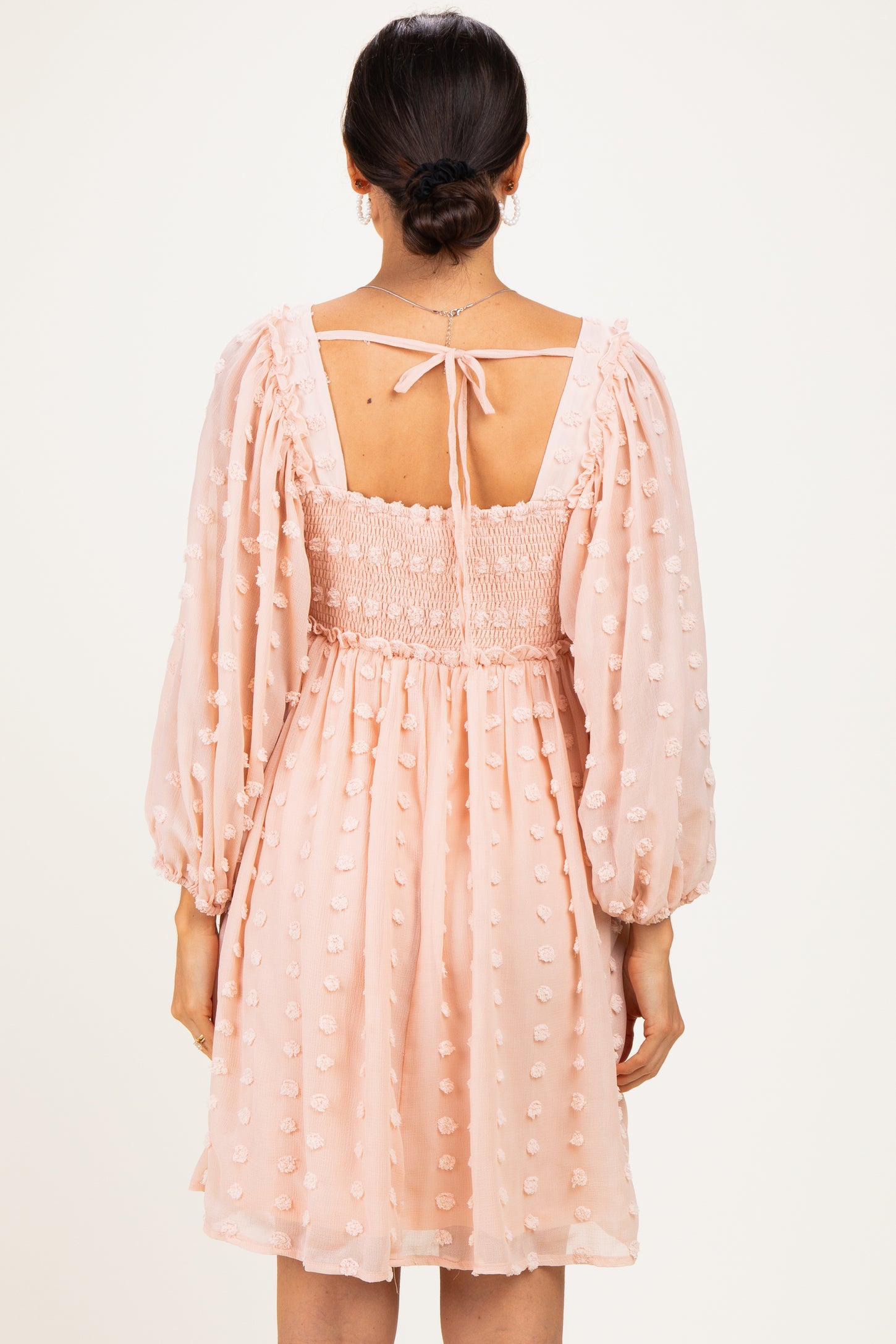 Peach Textured Dot Smocked Square Neck Chiffon Dress
