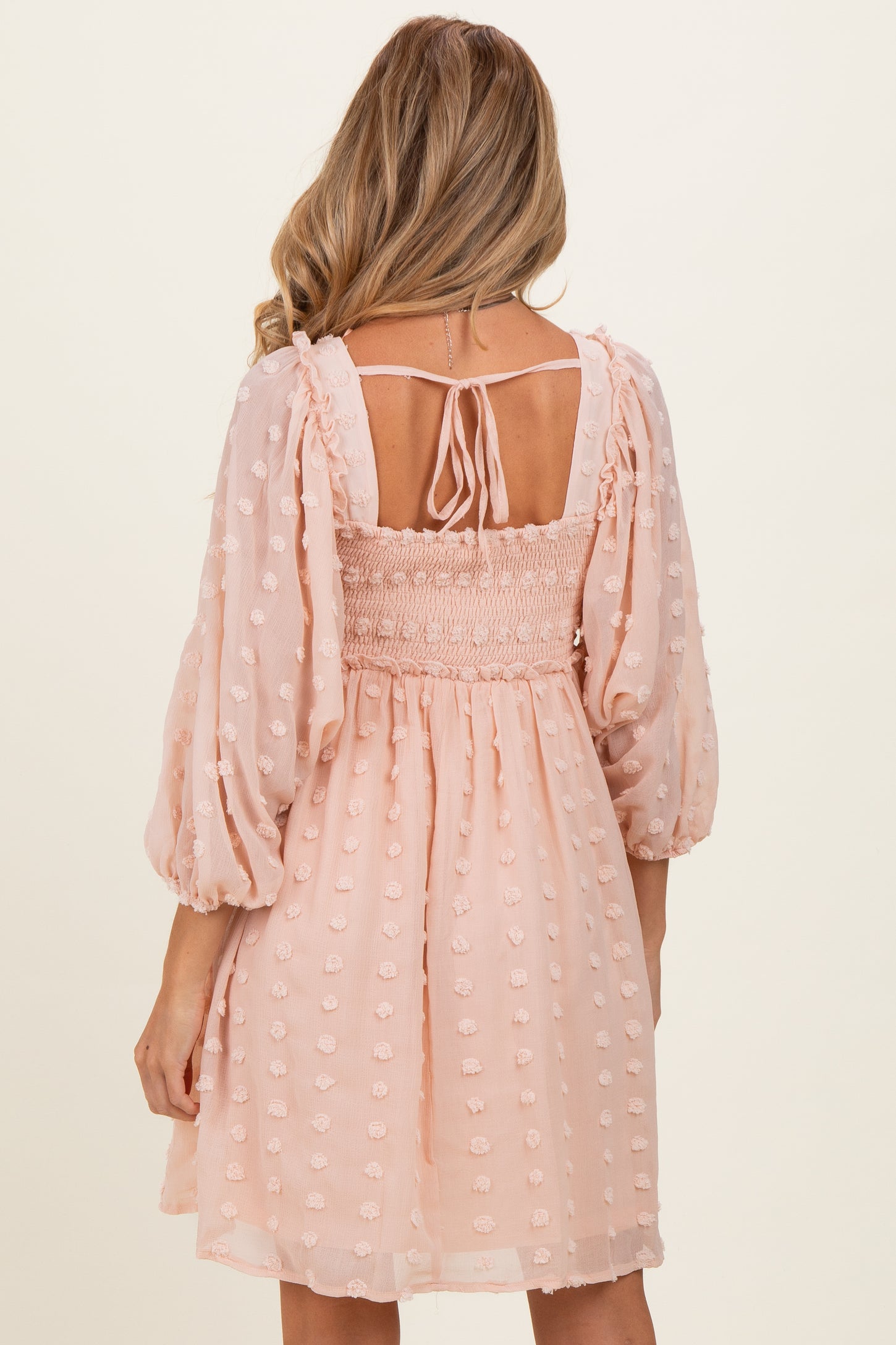 Peach Textured Dot Smocked Square Neck Chiffon Maternity Dress