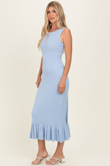 Sky Ribbed Knit Sleeveless Ruffle Hem Maxi Dress