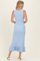 Sky Ribbed Knit Sleeveless Ruffle Hem Maxi Dress