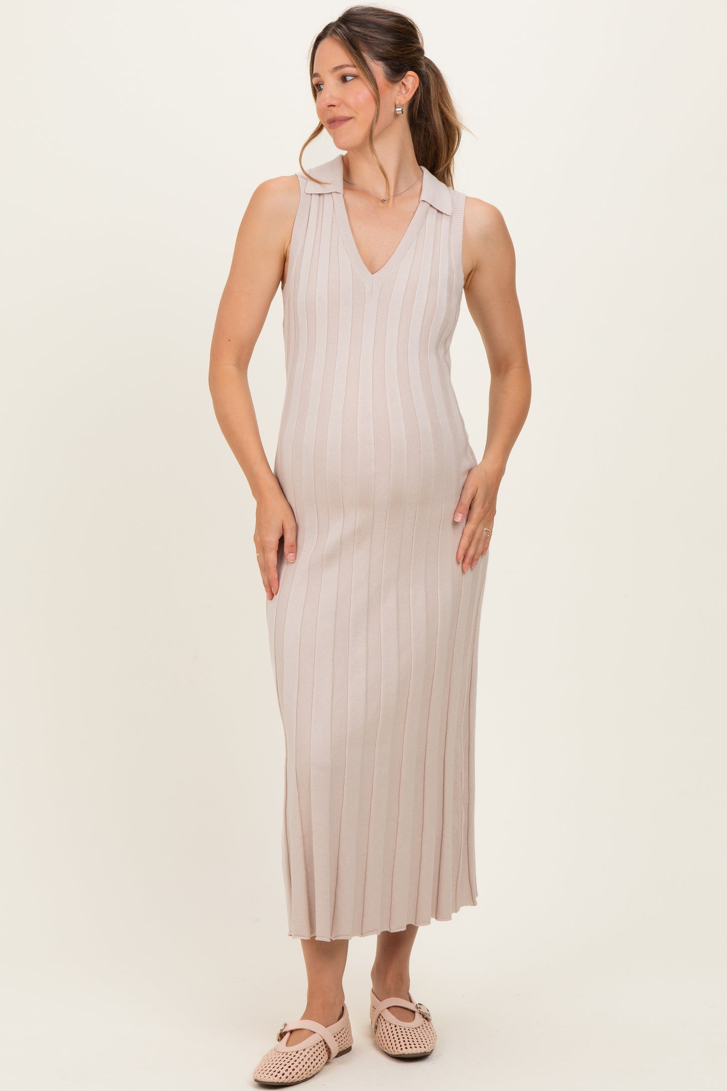 Sand Knit Collared Sleeveless Maternity Maxi Dress