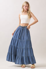 Blue Chambray Tiered Maternity Maxi Skirt