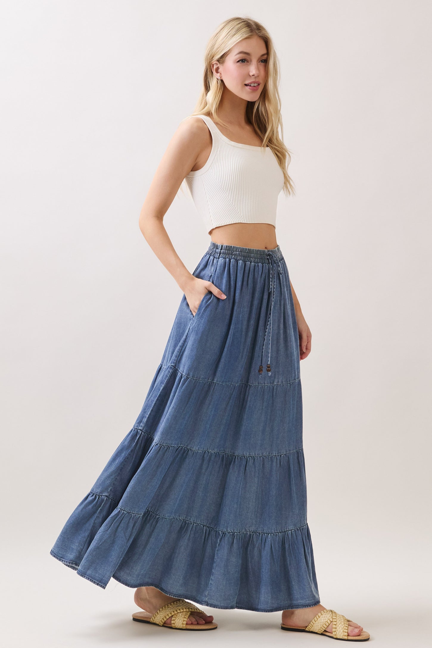 Blue Chambray Tiered Maxi Skirt