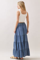 Blue Chambray Tiered Maxi Skirt