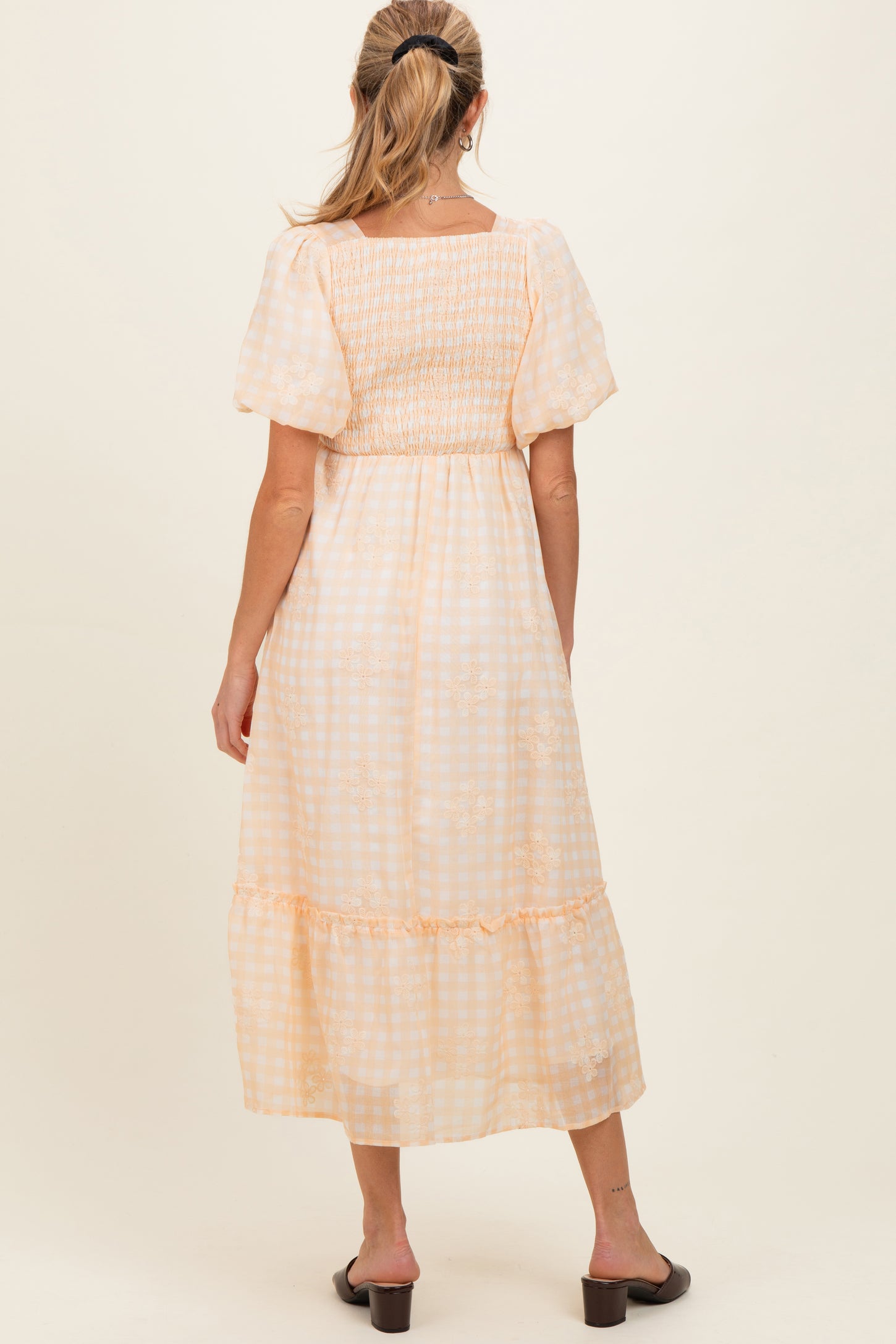 Yellow Gingham Pleated Square Neck Maternity Midi Dress