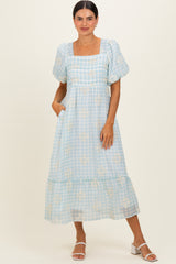 Light Blue Gingham Pleated Square Neck Maternity Midi Dress