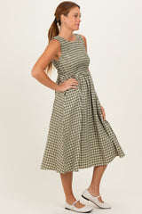 Olive Gingham Smocked Sleeveless Midi Dress