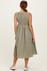 Olive Gingham Smocked Sleeveless Midi Dress