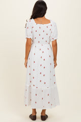 Ivory Embroidered Smocked Midi Dress