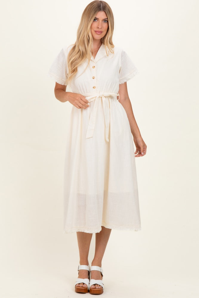Beige Button Down Frayed Maternity Midi Dress