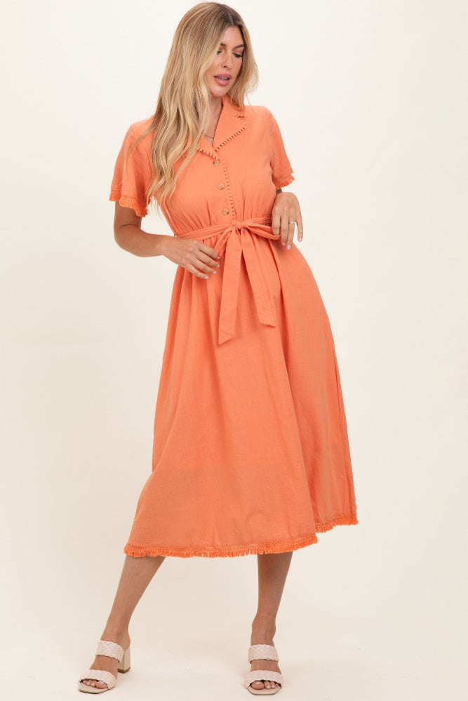 Salmon Button Down Frayed Midi Dress