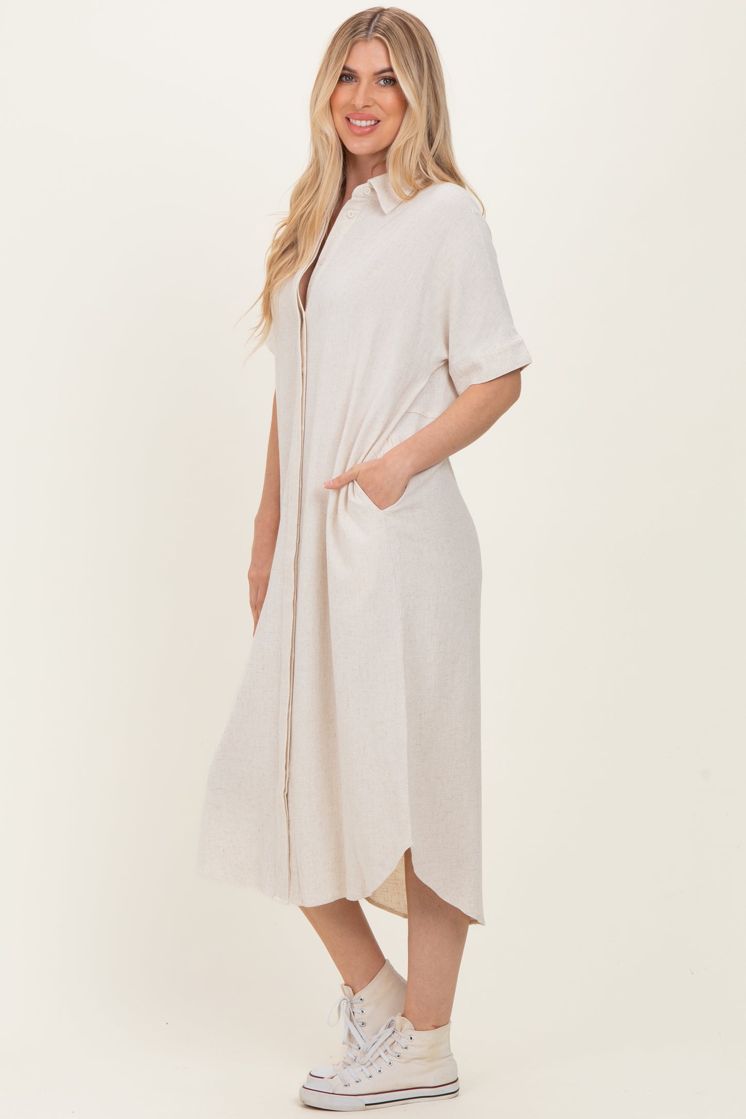 Natural Button Down Midi Shirt Dress