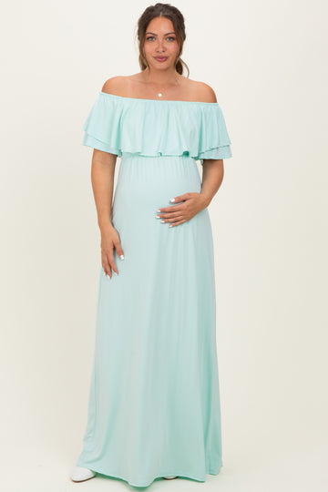 Mint Ruffle Off Shoulder Maternity Maxi Dress
