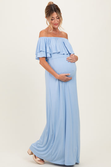 Light Blue Ruffle Off Shoulder Maternity Maxi Dress