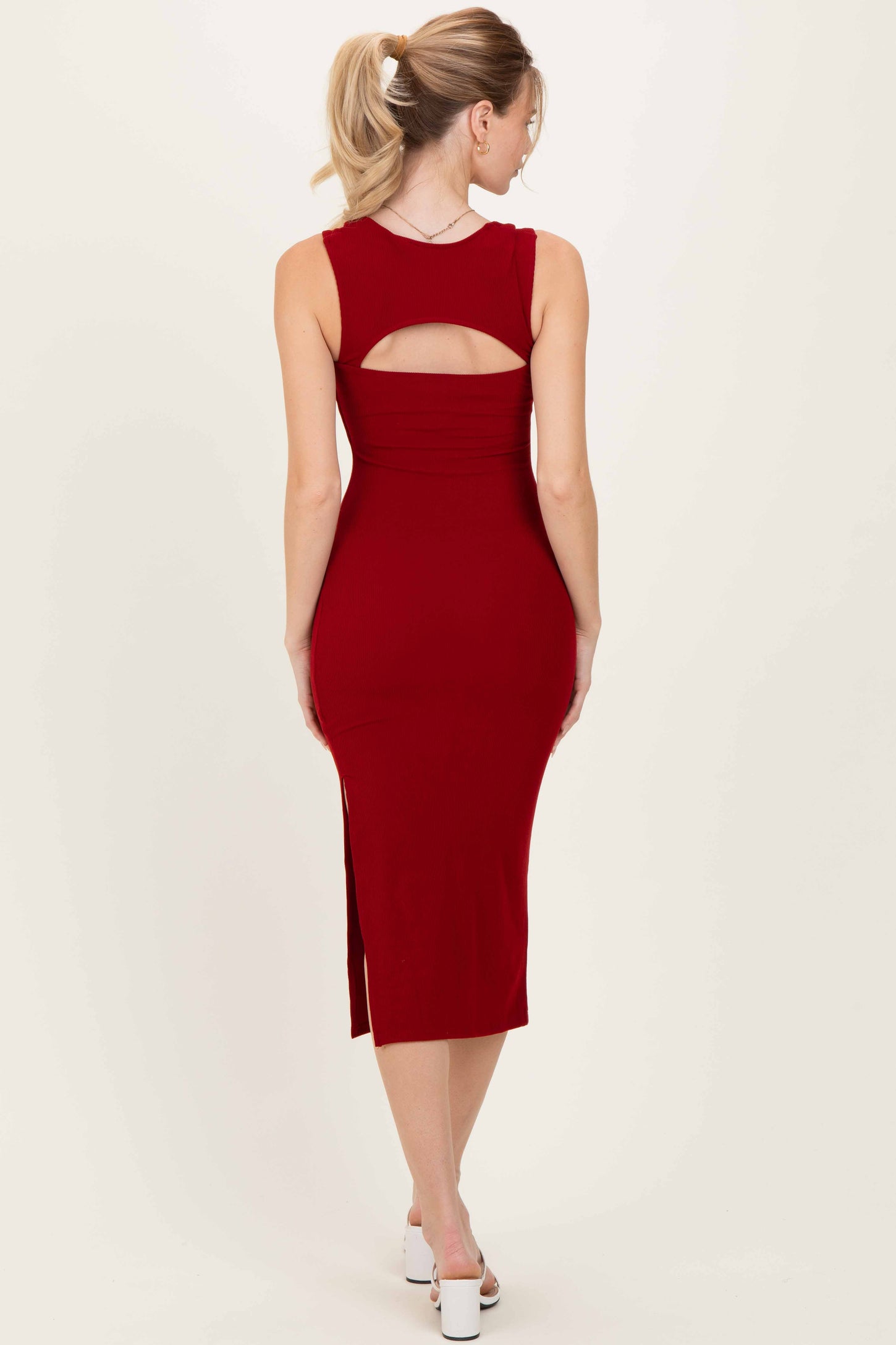 Burgundy Cutout Fitted Midi Dress