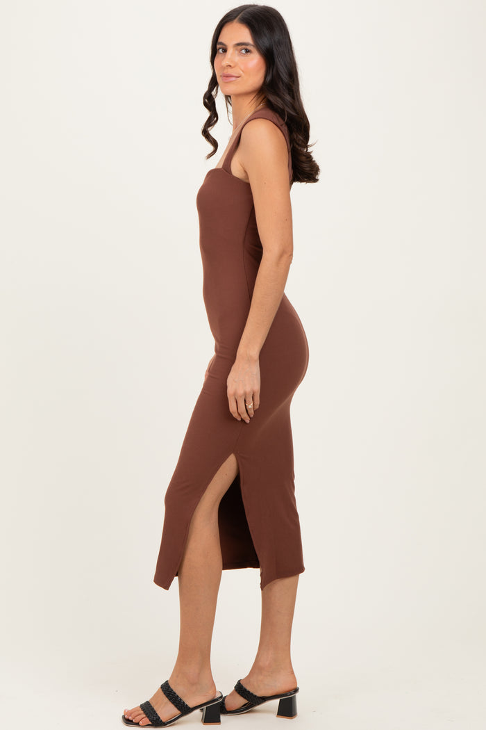 Brown Cutout Fitted Midi Dress
