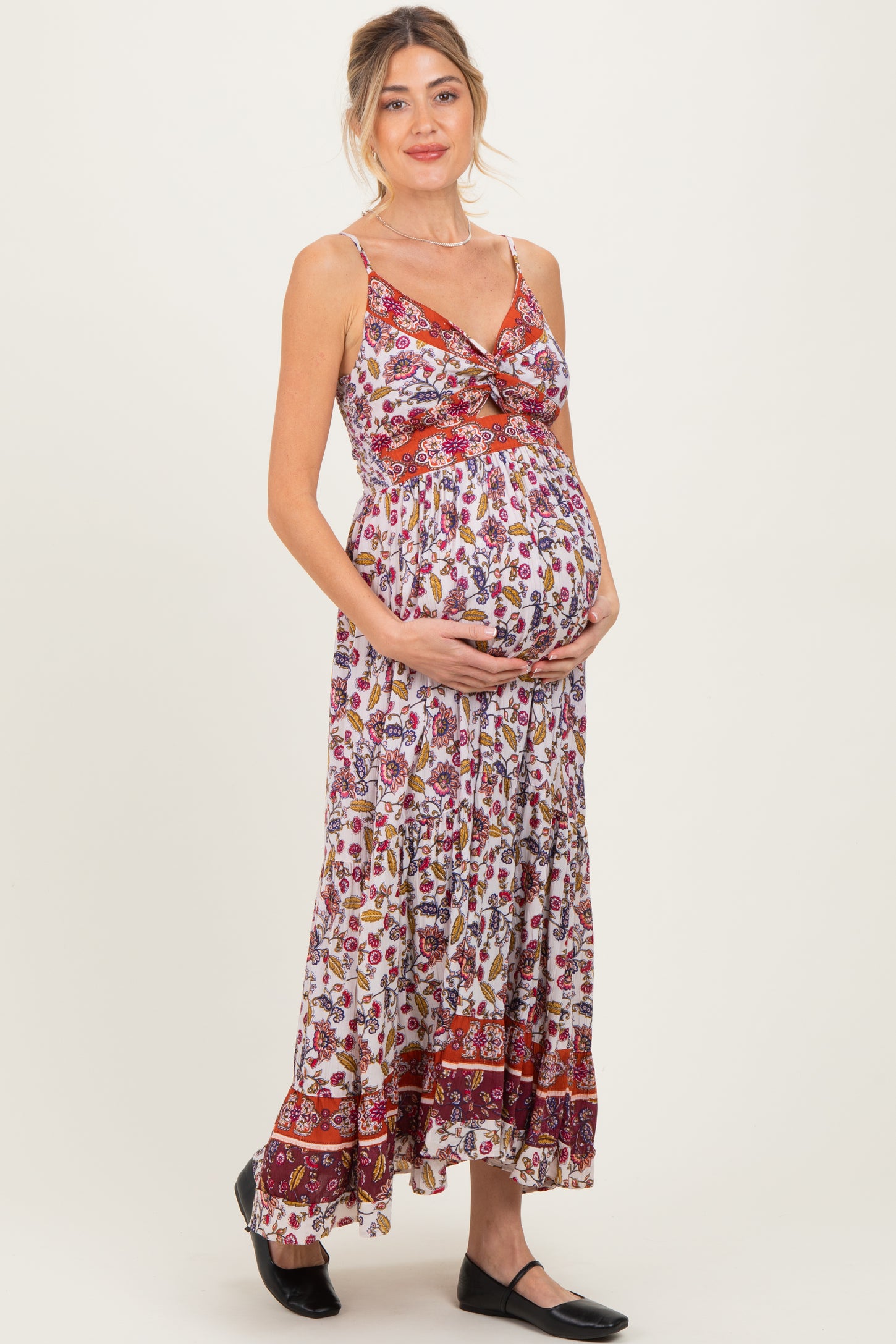 Cream Floral Twist Front Cutout Maternity Maxi Dress