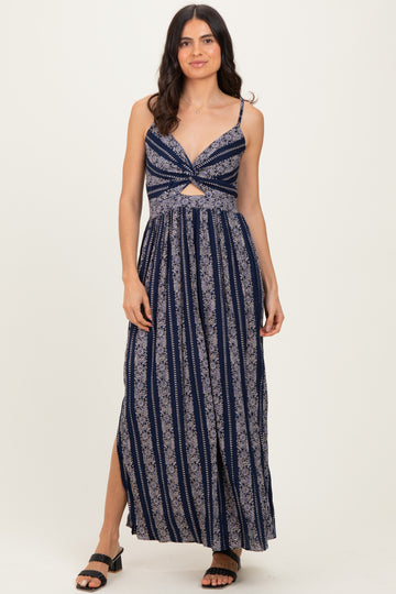 Navy Floral Stripe Twisted Front Maxi Dress