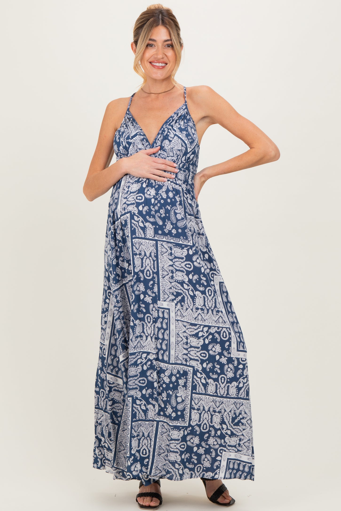 Navy Printed Crisscross Back Maternity Maxi Dress