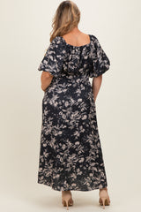 Black Floral Puff Sleeve Smocked Waist Maternity Plus Midi Dress