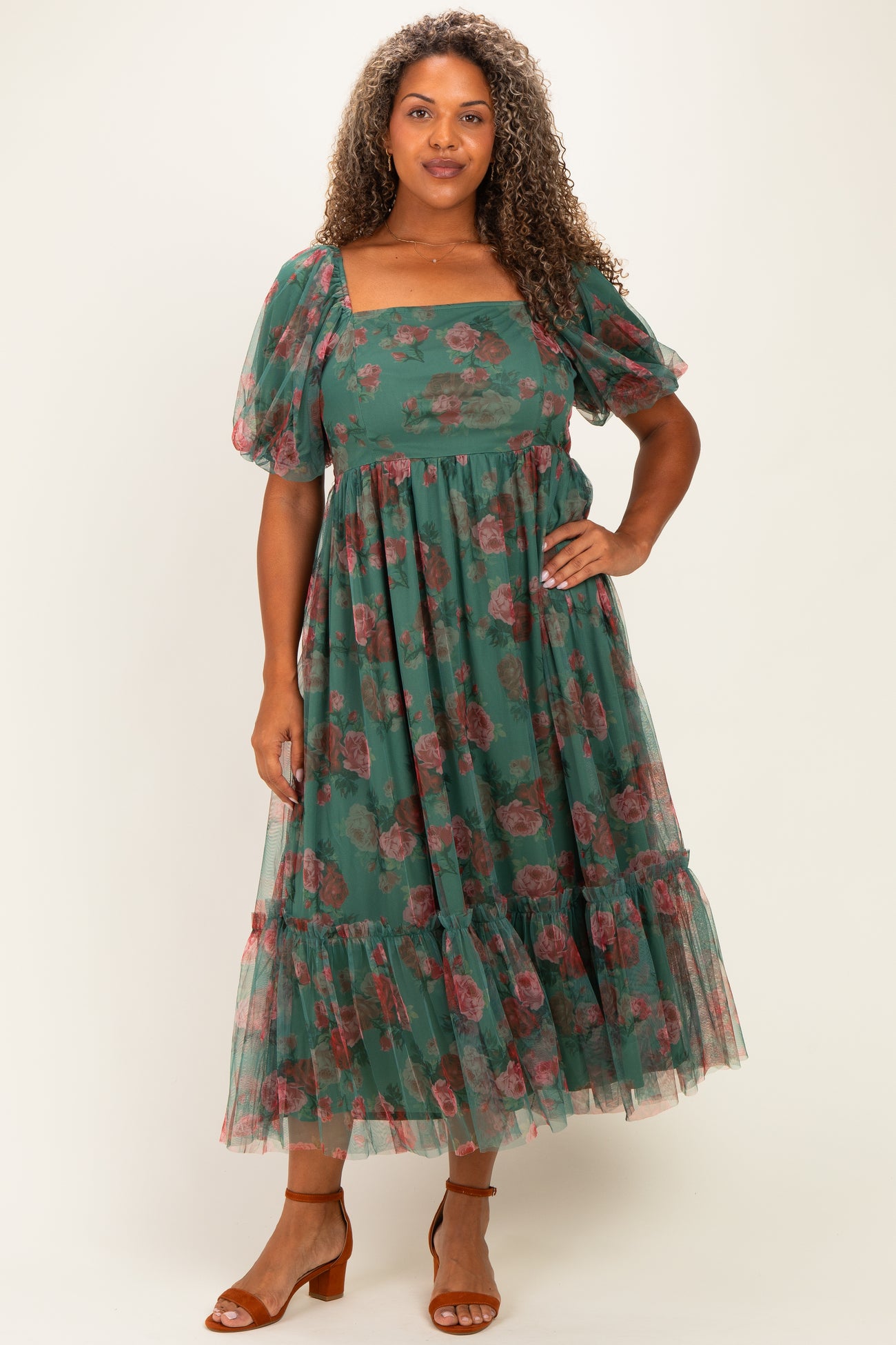 Forest Green Rose Print Tulle Overlay Plus Midi Dress