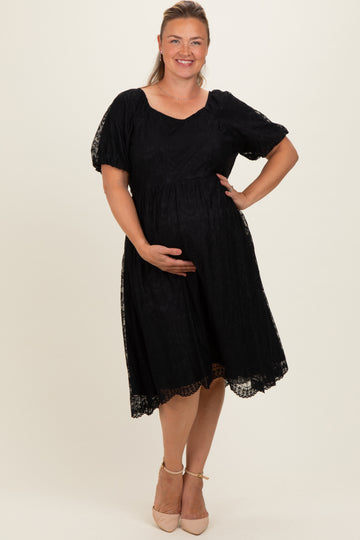 Black Lace Sweetheart Neck Short Sleeve Maternity Plus Midi Dress