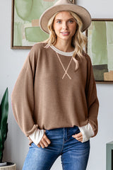 Brown Textured Rib Relaxed Fit Pullover Top
