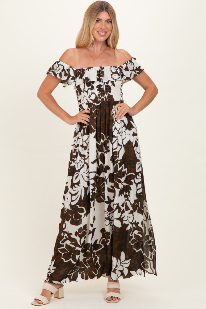 Brown Floral Ruffle Off Shoulder Maxi Dress