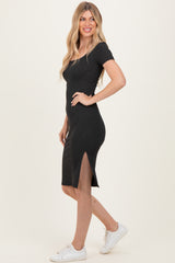 Charcoal Square Neck Side Slit Midi Dress