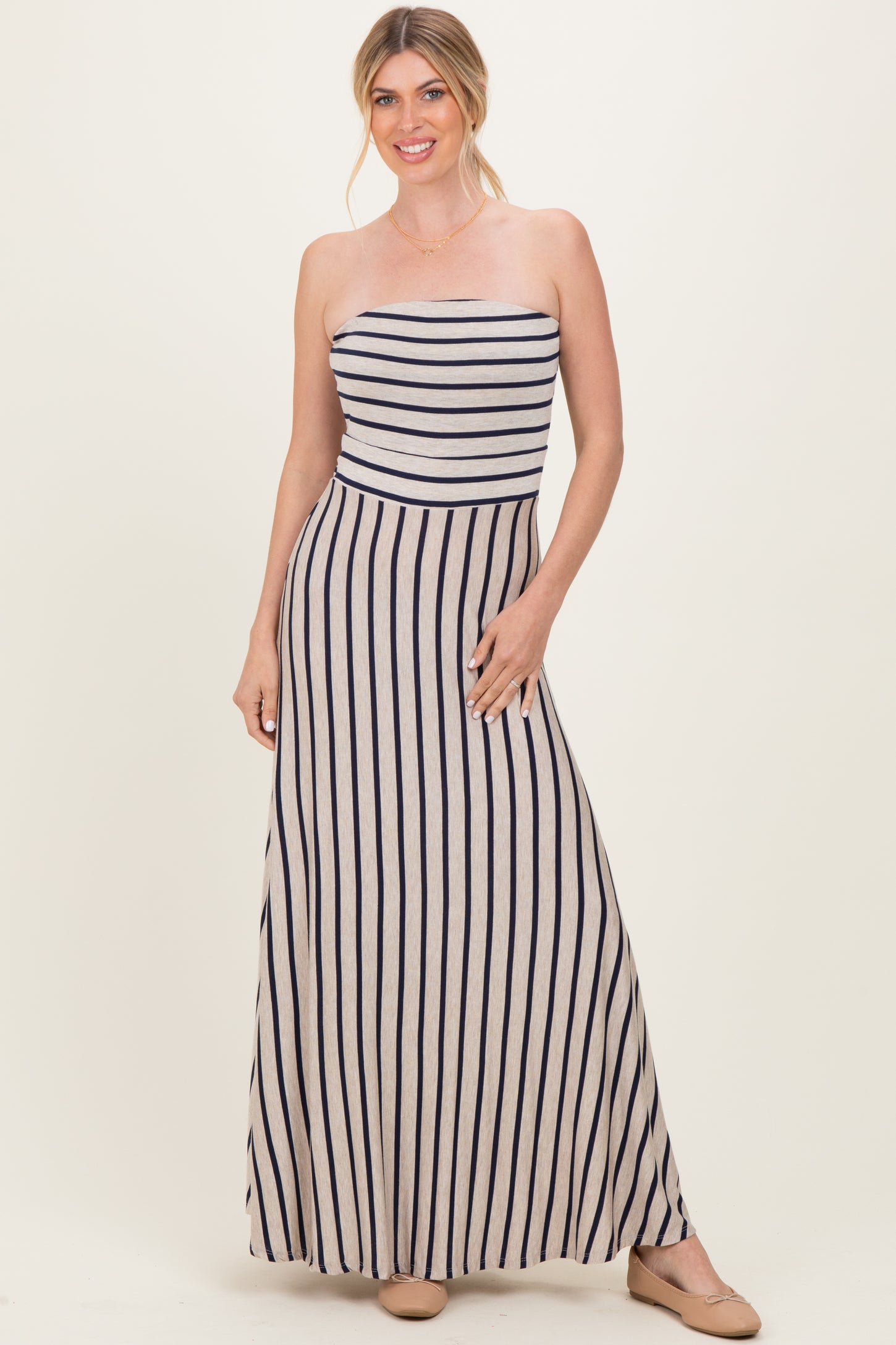 Oatmeal Striped Strapless Maxi Dress