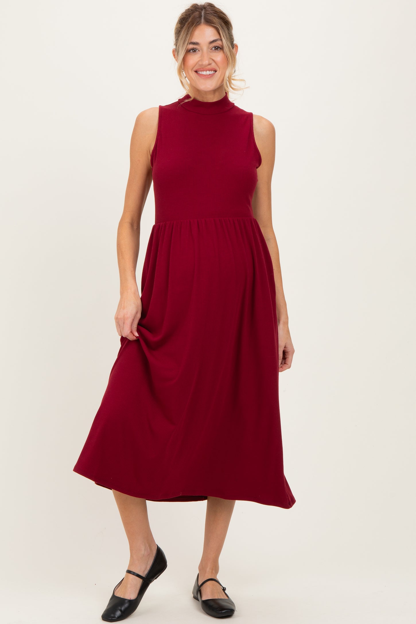 Wine Ribbed Mock Neck Sleeveless Maternity Midi Dress
