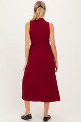 Wine Ribbed Mock Neck Sleeveless Maternity Midi Dress