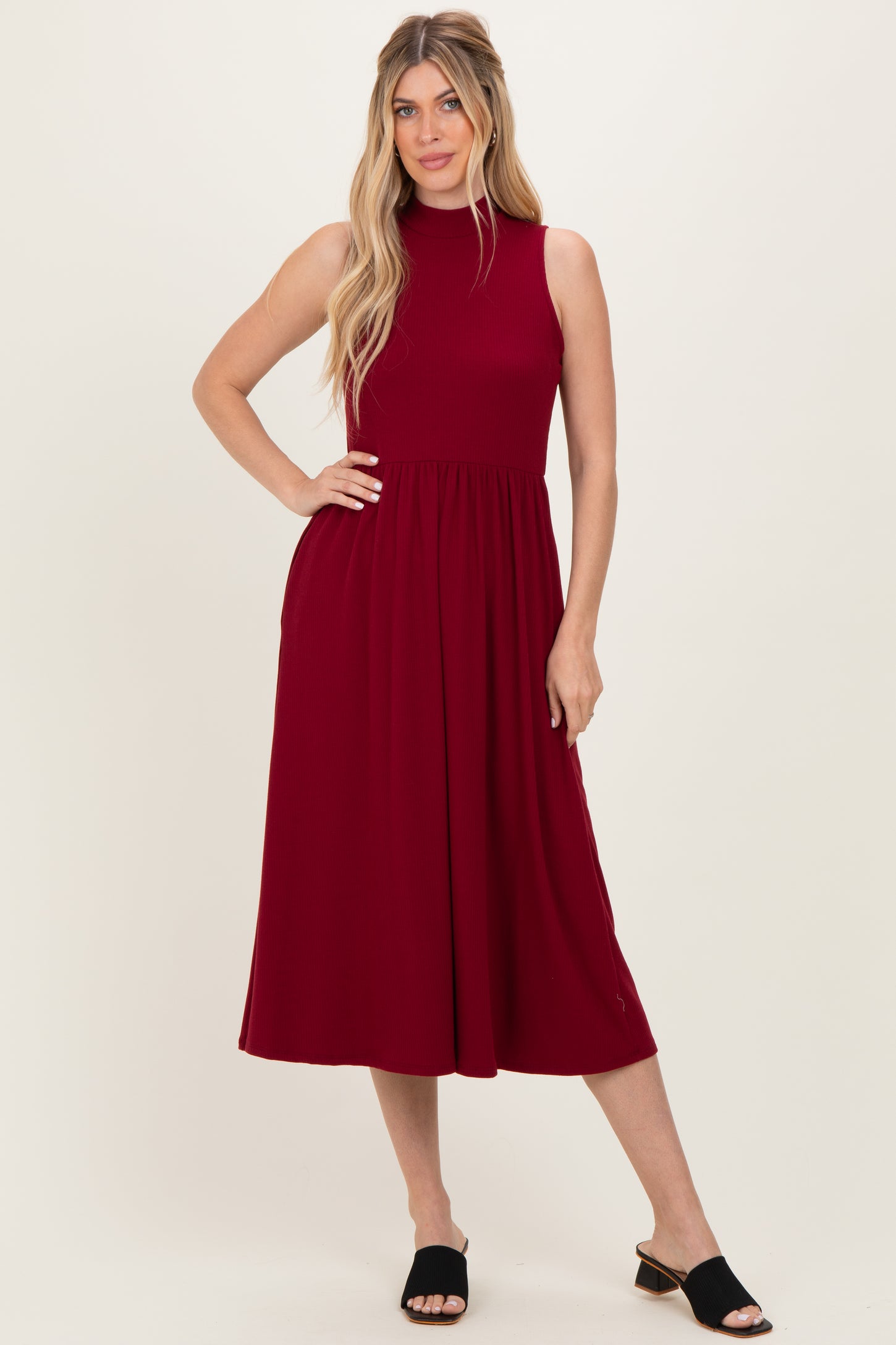 Wine Ribbed Mock Neck Sleeveless Maternity Midi Dress