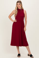 Wine Ribbed Mock Neck Sleeveless Maternity Midi Dress