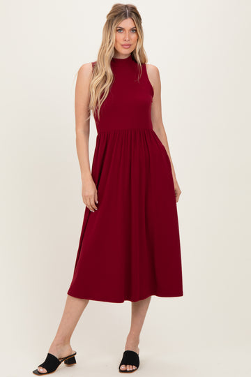 Wine Ribbed Mock Neck Sleeveless Midi Dress