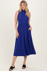 Royal Blue Ribbed Mock Neck Sleeveless Maternity Midi Dress