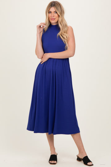 Royal Blue Ribbed Mock Neck Sleeveless Midi Dress