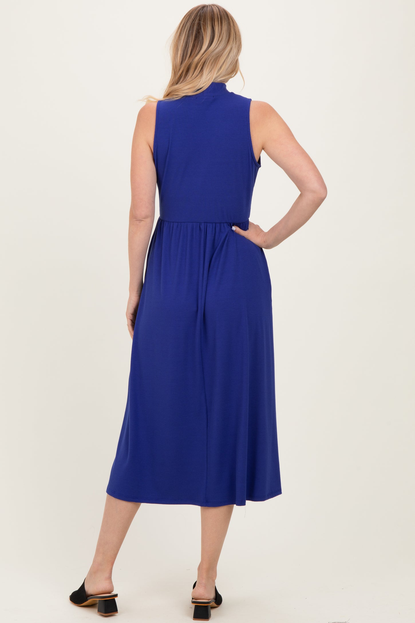 Royal Blue Ribbed Mock Neck Sleeveless Midi Dress