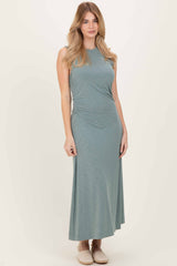 Sage Side Slit Ruched Sleeveless Midi Dress